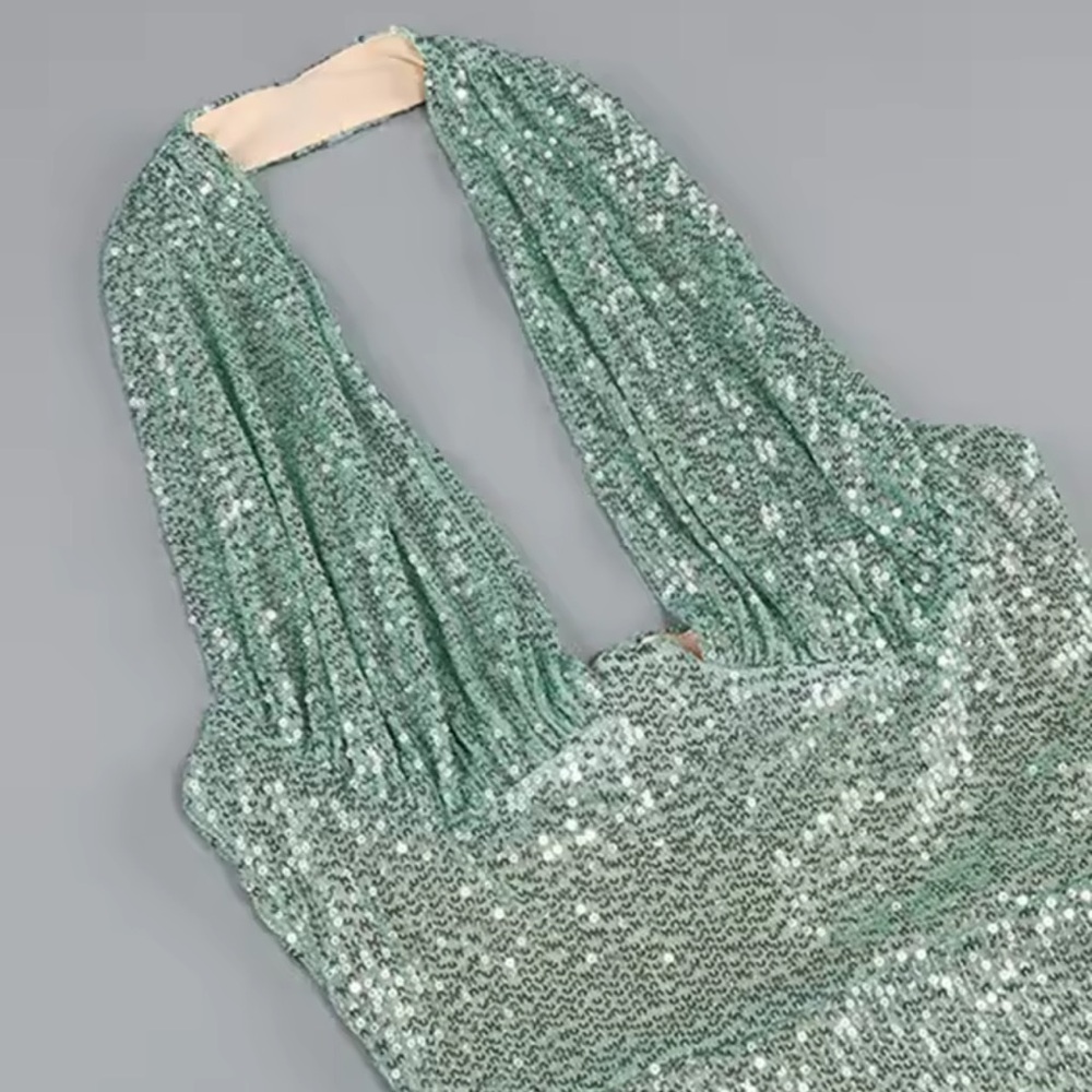 Gorgeous Green Sequin Halter Gown - Picture 9 of 12
